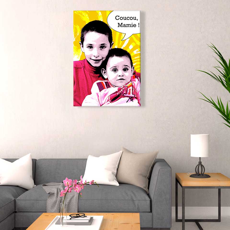 ortrait deux enfants style BD avec bulle message