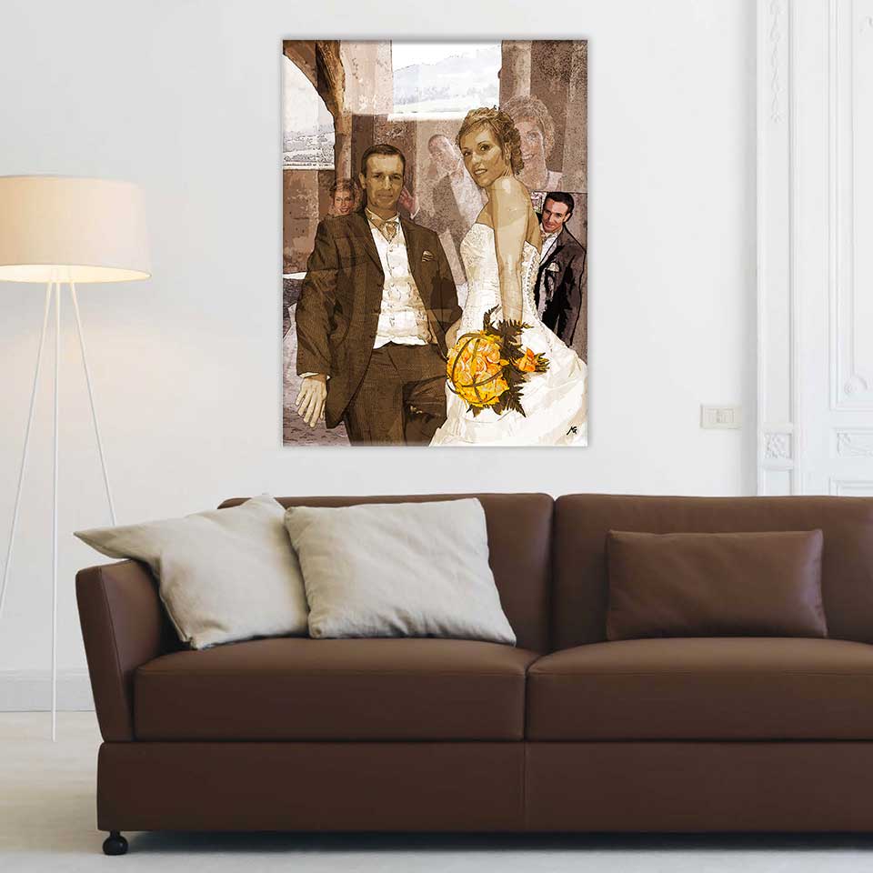 Portrait de mariage, cache-cache, trichrome, sépia et orange